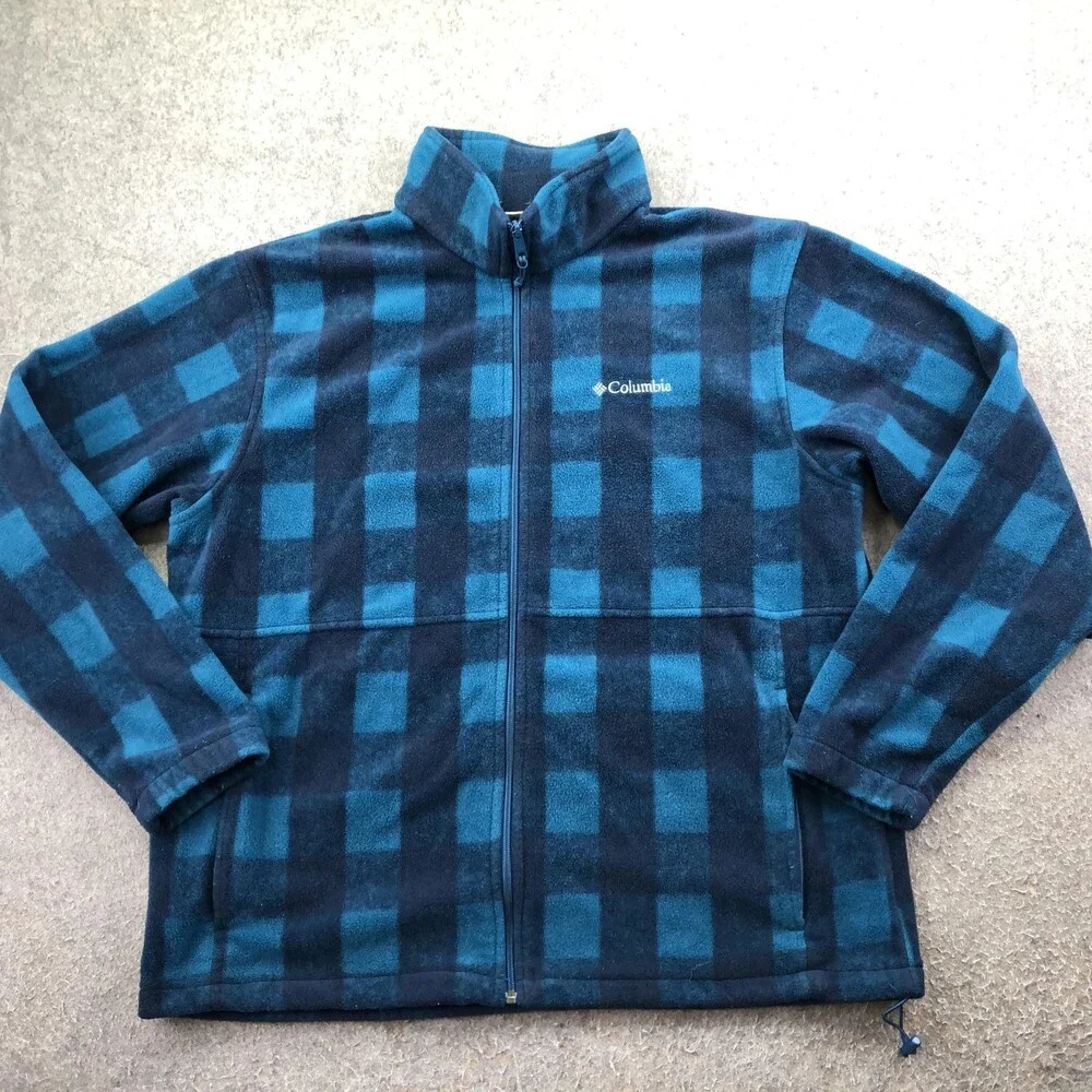 Columbia Jacket Mens XL Blue Plaid Fleece Windbreaker Full Zip Outdoor Hiking
